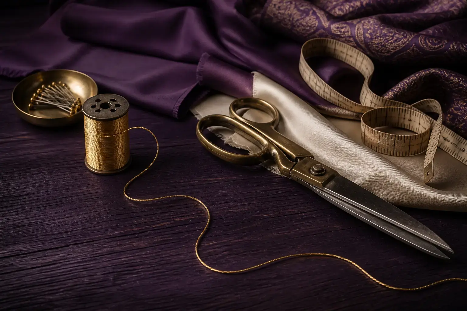 Tailoring table with gold thread, scissors and folded fabric. Placeholder for a consented portrait.