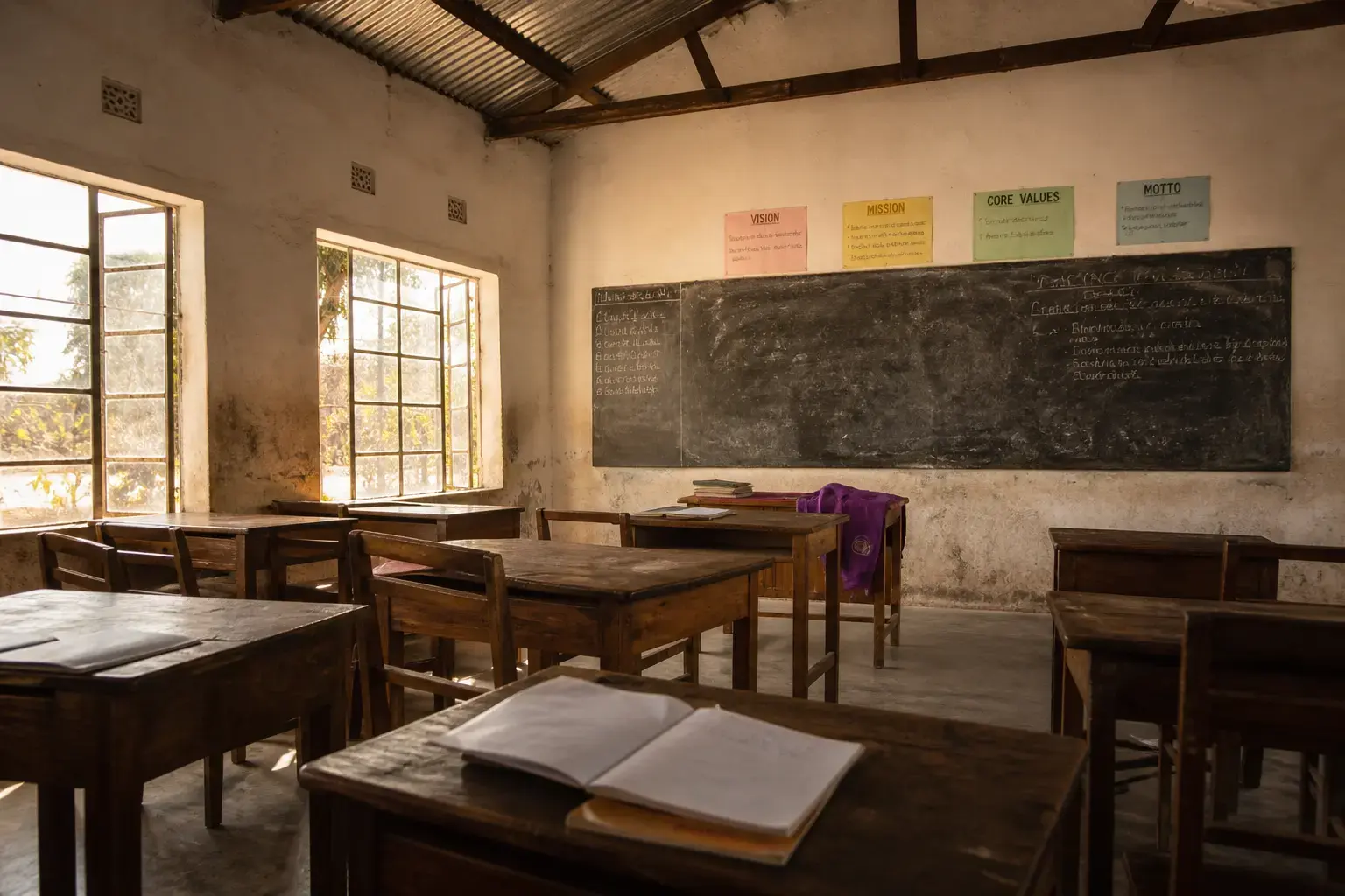 Sunlit Kenyan classroom with open notebooks. Placeholder for a consented portrait.