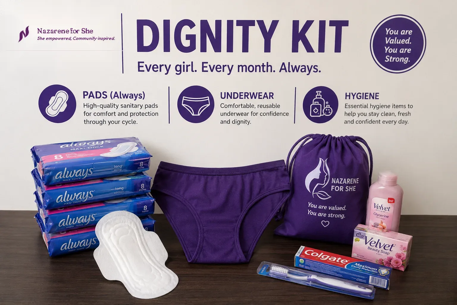 A carefully arranged dignity kit on linen: wrapped pads, soap, a notebook and folded cloth.